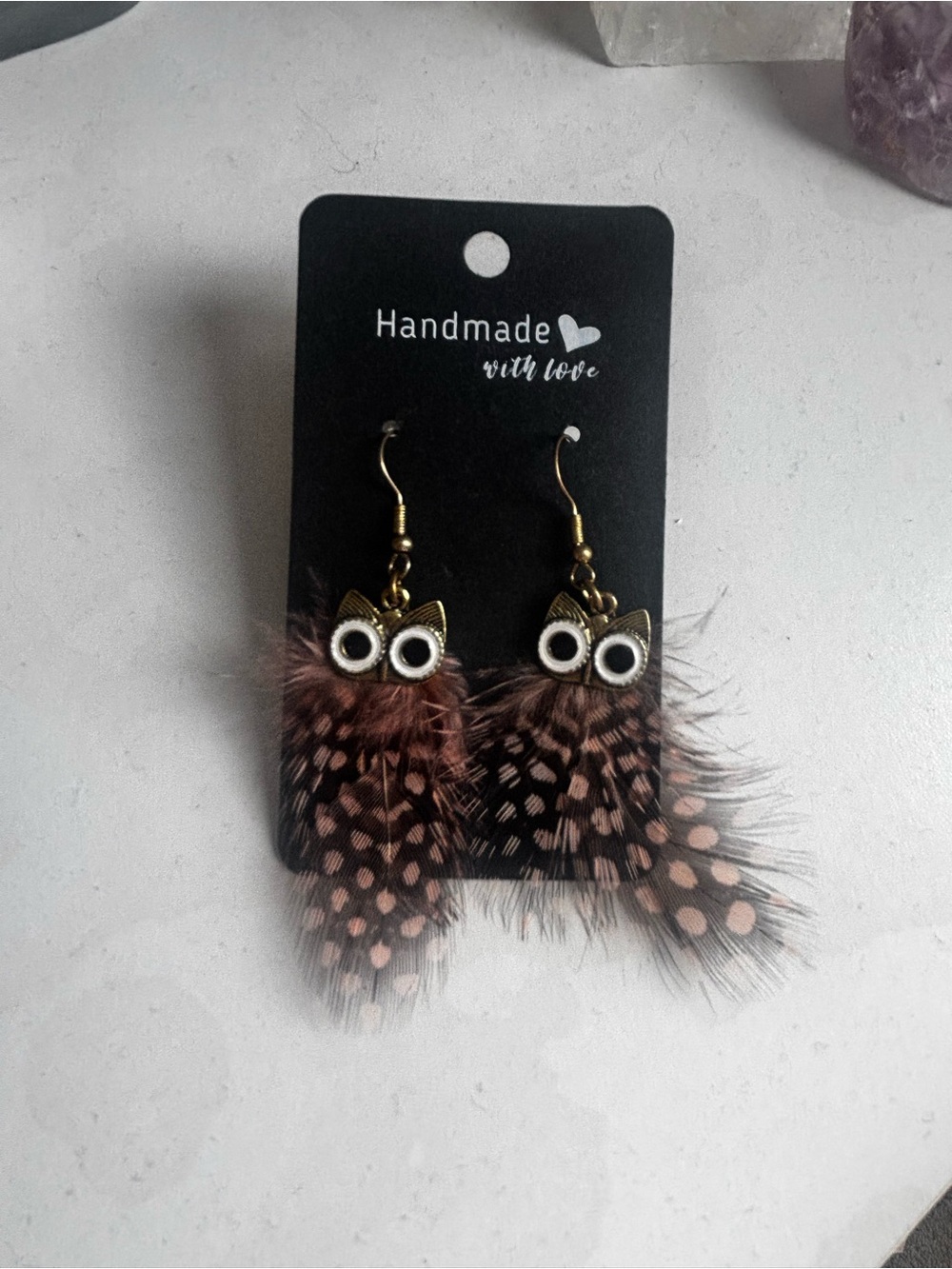 Feather Owl Dangle Earrings — Brown & Black